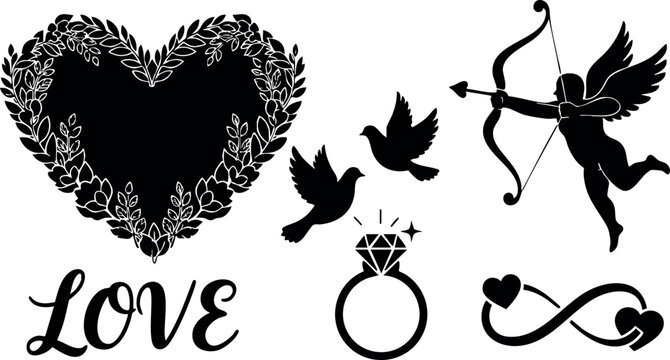 Heart wreath floral love ring diamond cupid bow arrow dove romance vector illustration