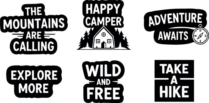Outdoor adventure camping hiking motivational quotes vector design set black silhouette style