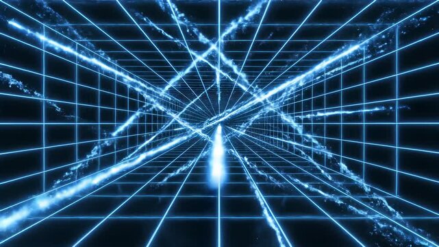 Neon lit blue light tunnel stretches across the frame, casting an otherworldly ambiance that embodies innovation, cutting edge technology, limitless possibilities, excitement, curiosity.