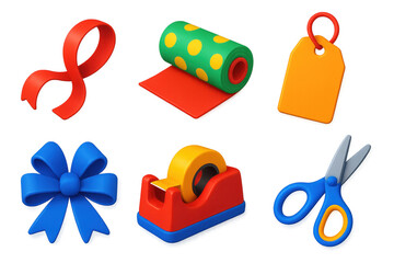 Festive Wrapping Essentials. 3D icon set of festive wrapping elements: satin ribbon, wrapping paper roll, gift tag, decorative bow