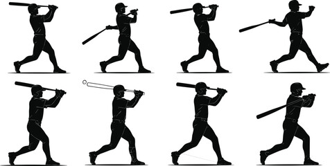baseball, swing, silhouette, athlete, bat, motion, sports, action, training, technique, dynamic, player, hitting, pose, impact, ball, sequence, black, isolated, illustration