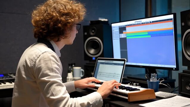 Young Male Music Producer Creating Tracks in a Modern Studio