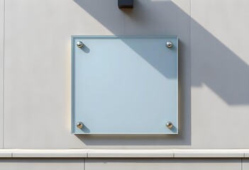Blank glass signboard mock-up on modern architectural wall | Outdoor frosted acrylic nameplate template for company branding | Empty glassy signage presentation with natural harsh sunlight shadows | C