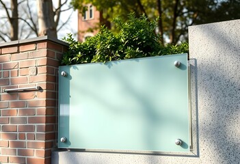 Blank glassy outdoor signage mock-up on brick wall | Modern architectural sign design outside building entrance | Frosted glass company nameplate placeholder template