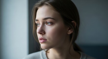 A beautiful young woman looking out the window with a thoughtful expression