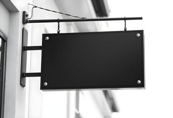 Blank black hanging store sign mockup template | Empty outdoor cafe or shop signage design presentation | Modern minimalist street wall mounted branding display | High-quality 3D rendered advertising 