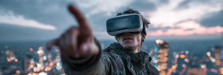 A futuristic image of young person in the goggles of virtual reality