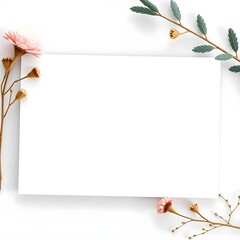 Blank wedding invitation card mockup with pink flowers and botanicals | Minimalist clean stationery design template for bridal events | Elegant floral flat lay composition for greeting card presentati