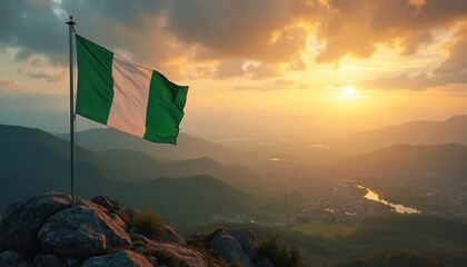 Nigerian flag flies atop rocky mountain peak at sunset. Golden sun illuminates rolling hills, distant city, and serene lake. Represents national pride, exploration, and natural beauty.