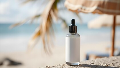 Blank cosmetic dropper bottle mockup on tropical summer beach | Skincare serum product photography with blurred ocean background | Clear glass oil dispenser packaging outdoor advertising | Summer beau