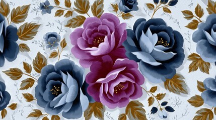 Seamless floral pattern with blooming roses and golden leaves on light background