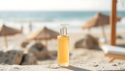 Luxury skincare packaging design mockup on beach sand | Yellow cosmetic pump bottle on vacation background | Summer sun lotion product placement near ocean | Tropical beauty essential display with blu
