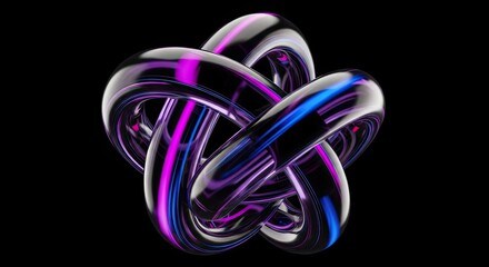 Abstract 3d intertwined glossy rings with neon light reflections