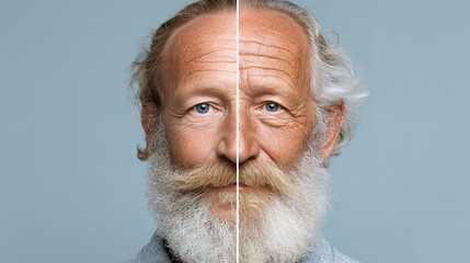 A man with one young half of face and another old .