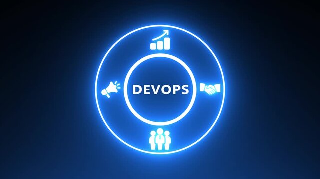 Neon Circle Diagram with Icons Representing Dev Ops Growth Communication and Teamwork on Dark Blue Background