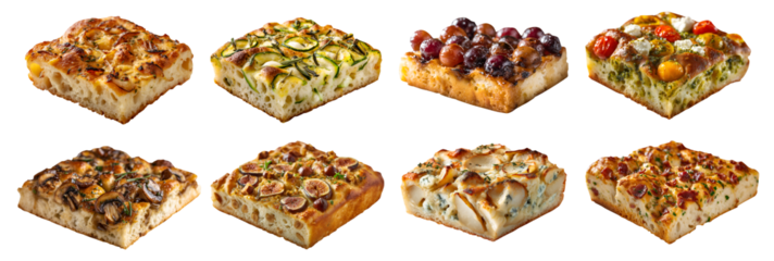 Collection of different flavor Focaccia classic Italian bun bread flat, flatbread leavened, oven-baked with fillings, nuts fruit meat vegetable flavour set, transparent cutout PNG. Many Mockup  