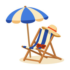 Relaxing beach chair with striped umbrella, straw hat and sunglasses in summer vector illustration