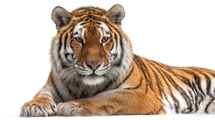 Obraz premium A powerful tiger lies gracefully showcasing its striking stripes and intense gaze exuding strength.