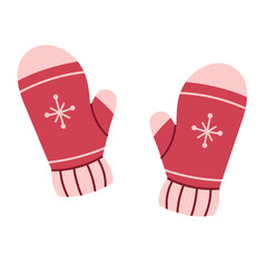 An illustration of a pair of red winter mittens. Warm knitted gloves.