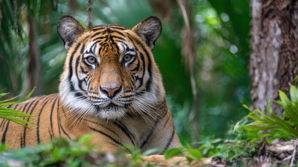 Fototapeta premium A striking tiger relaxes on a bed of greenery surrounded by tropical plants and trees.