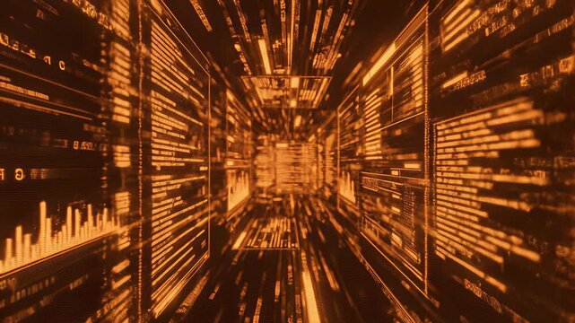Dynamic cityscape of towering buildings and pulsing lights emerges from tunnel as train speeds by, symbolizing momentum and progress in urban life, perfect for background use cases such as.