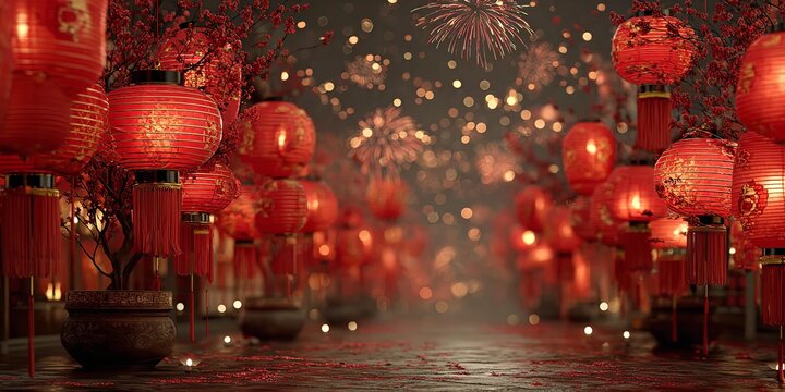 red lanterns with fireworks holiday illuminated background .