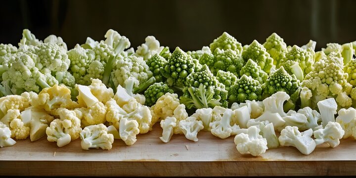 Assortment of fresh romanesco and cauliflower florets on a wooden board