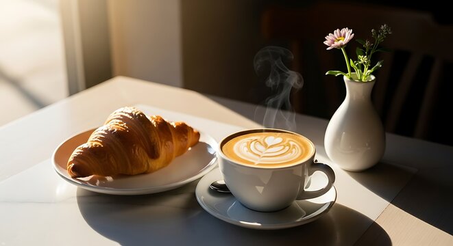 Warm morning sunlight illuminates a croissant and latte art coffee - Powered by Adobe