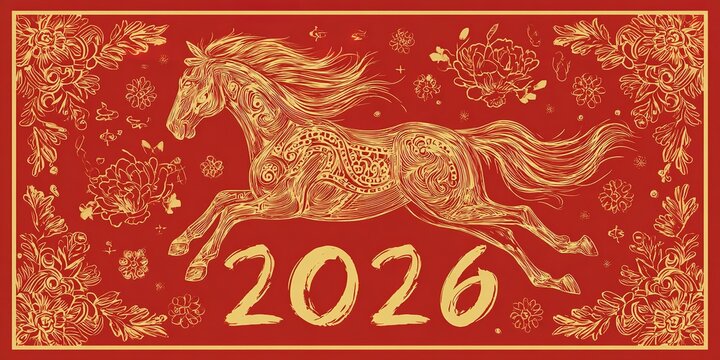 red holiday background with running horse and year 2026. - Powered by Adobe