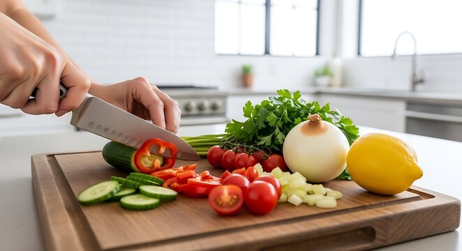 Hands chopping fresh vegetables on a wooden cutting board