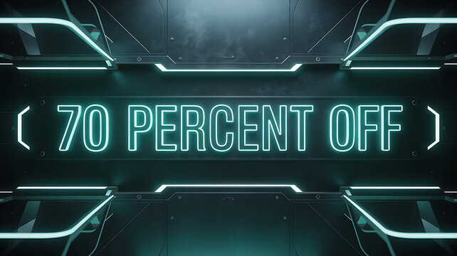 70 percent off sale promotion with futuristic glowing neon lights and metallic frame on a dark background, advertising a special discount offer