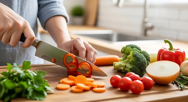 Hands chopping fresh carrots and vegetables on a wooden cutting board