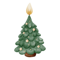 A Christmas tree–shaped candle painted in soft watercolor with warm glowing details. Ideal for holiday cards, packaging, winter decor, and festive designs.