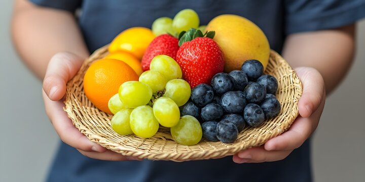 Childs hands holding a small woven basket filled with fresh colorful fruits