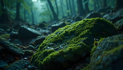 Moss Covered Rock in Misty Forest Landscape