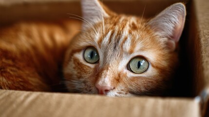A curious orange tabby cat lounges inside a cozy cardboard box eyes wide open and alert.