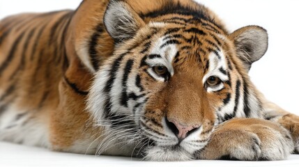 Fototapeta premium A beautiful tiger lies relaxed its striking coat glowing against a clean background radiating calmness.