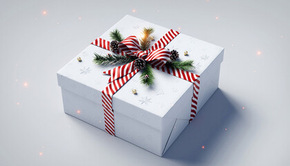 Elegant Christmas gift box with striped ribbon and festive accents, perfect for holiday promotions, seasonal greetings, and joyful celebrations of gifting