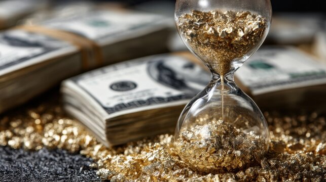Golden dust spills from a glass hourglass into a pile beside bundled cash symbolizing fleeting riches.