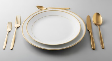 Elegant gold cutlery and white plates set for a formal dining experience on a neutral surface