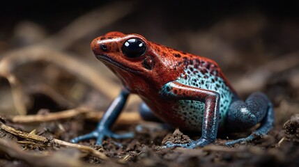 Fototapeta premium A beautiful red and blue poison dart frog rests on the forest ground. Its striking colors highlight both its allure and its potent toxicity. 
