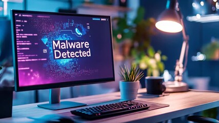 Cybersecurity alert: malware detection on computer screen in modern workplace at night - Powered by Adobe