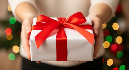 Hands Offering Wrapped Gift Box with Red Ribbon. hands holding out a beautifully wrapped white gift box with a red satin ribbon bow. Represents giving, present, holiday, christmas, birthday, surprise