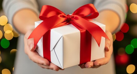 Hands Offering Wrapped Gift Box with Red Ribbon. hands holding out a beautifully wrapped white gift box with a red satin ribbon bow. Represents giving, present, holiday, christmas, birthday, surprise