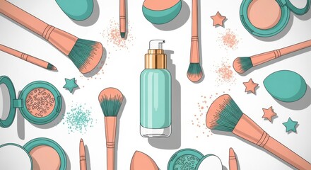 A vibrant and artistic arrangement of makeup brushes cosmetic bottles and star shaped accents on a clean white background