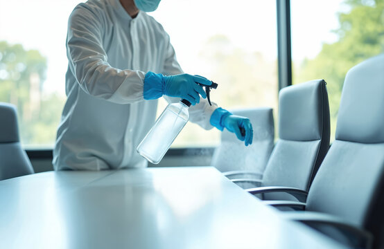 Person in protective suit and gloves sprays liquid from bottle onto conference room table and chairs. Sanitizing office space for safety and health.