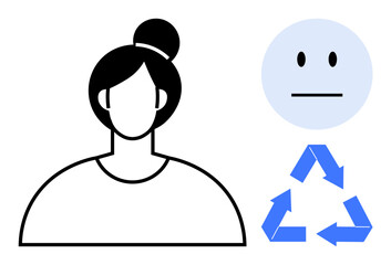 Outline of a woman, neutral face emoticon, and blue recycling arrows. Ideal for sustainability, environment, responsibility, recycling, emotions awareness teamwork. Simple flat metaphor