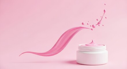 A dynamic splash of pink cream elegantly flows from an open jar against a soft pastel background