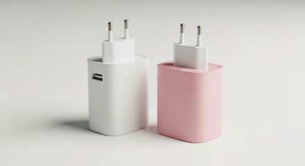 Two modern usb wall chargers one white with dual ports and one pink against a clean white background
