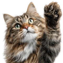 Cute tabby kitten raising paw, looking upwards against white backdrop in transparent png, appealing for attention or play